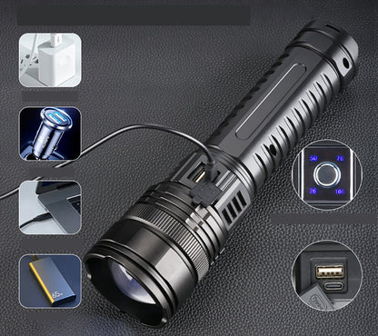 Tactical LED Flashlight – 1000W Built-in Battery Emergency Spotlight, 15000mAh Power with 9km Long-Range Beam