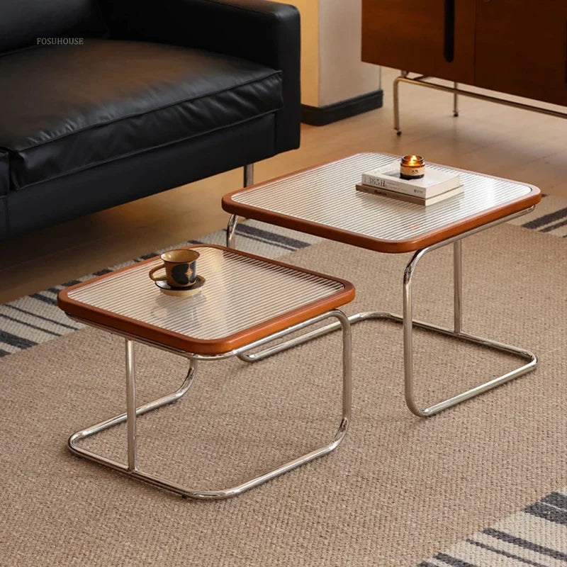 Square Stainless Steel Retro Rattan Coffee Table – Low Side Table with Glass Top for Modern Living Rooms