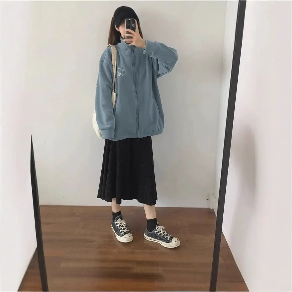 Women’s Embroidered Fleece Knit Cardigan – Open Front Zipper Hoodie with Round Neck & Long Sleeves