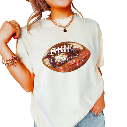 Glitter Football Graphic Tee for Women – Oversized Fall Season Shirt Perfect for Teen Girls, Casual Game Day Style, and Sporty Fun Looks