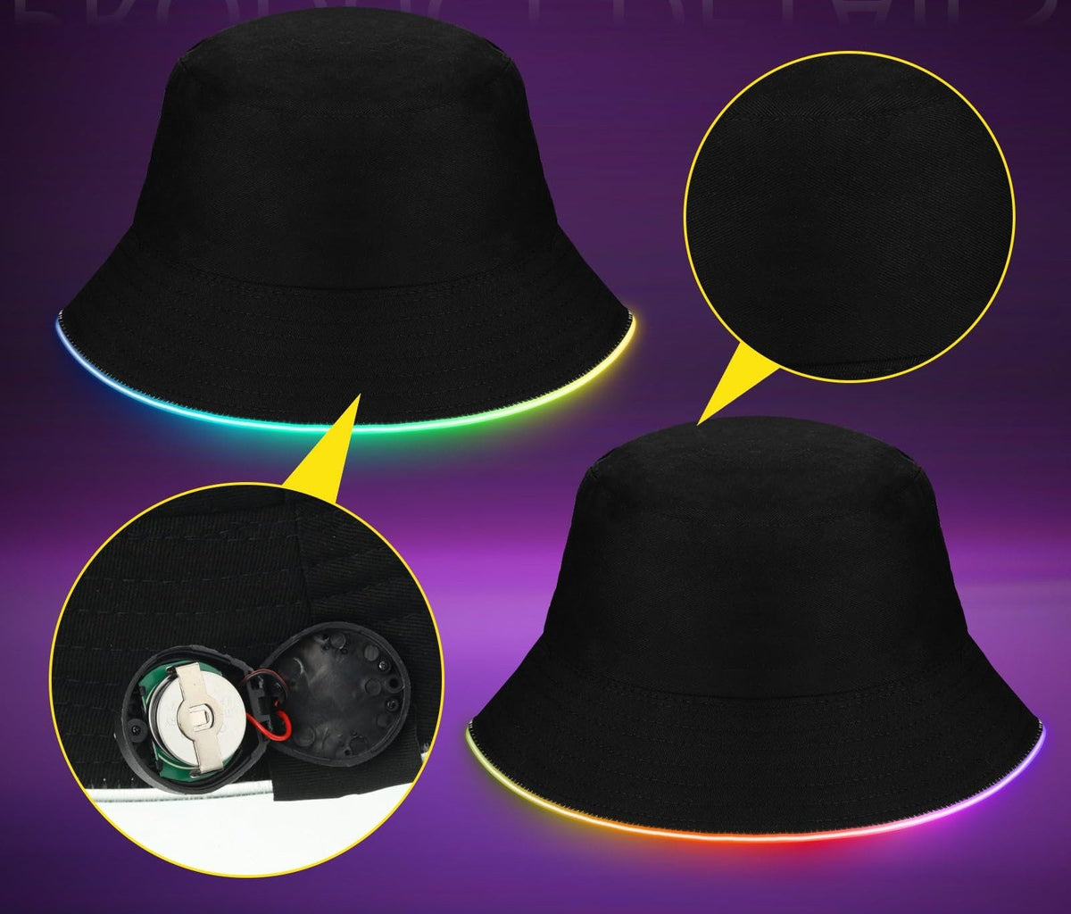LED Light-Up Duo Bucket Hat Set – Unisex Black & Neon LED Caps for Night Events, Festivals, Concerts or Party Statement Wear