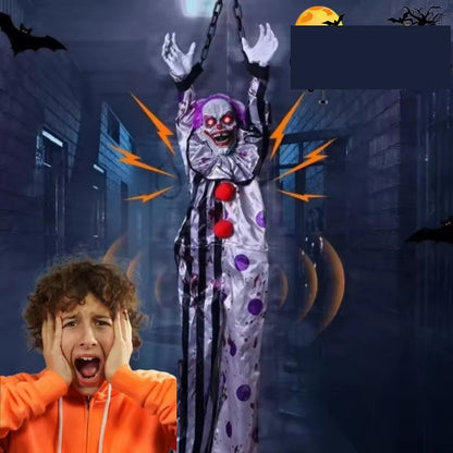 Sound-Activated Hanging Ghost Decoration – Halloween Talking Clown Prop with Glowing Lights for Haunted House, Porch, and Party Decor