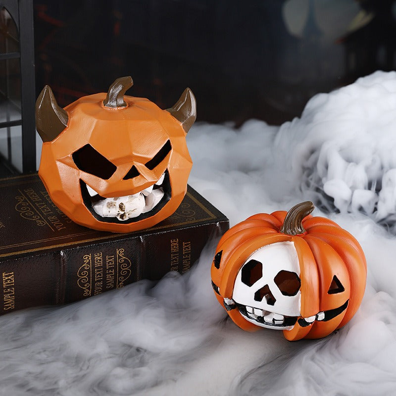 Halloween Pumpkin Skull Resin Figurine – Horror-Themed Decorative Ornament for Desktop Display, Creepy Crafts, and Festive Haunted Atmosphere Props