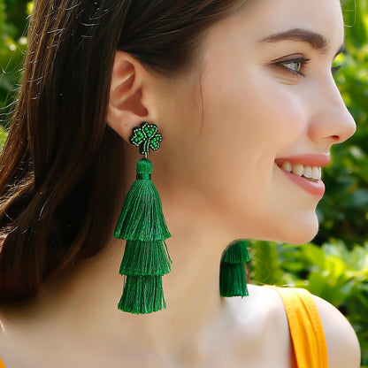 Vintage Boho Clover Tassel Earrings – Beaded Dangle Earrings for St. Patrick’s Day, Gifting, and Casual Seasonal Fashion Statements
