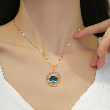 Exquisite Starry Sky Planet Light Necklace – Luxurious Stainless Steel Clavicle Chain with Gorgeous Moon and Shining Stars