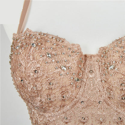 Beaded Lace Corset Crop Top – Sexy Bustier Bodice with Black Lace Detailing for Party, Clubwear, and Evening Fashion