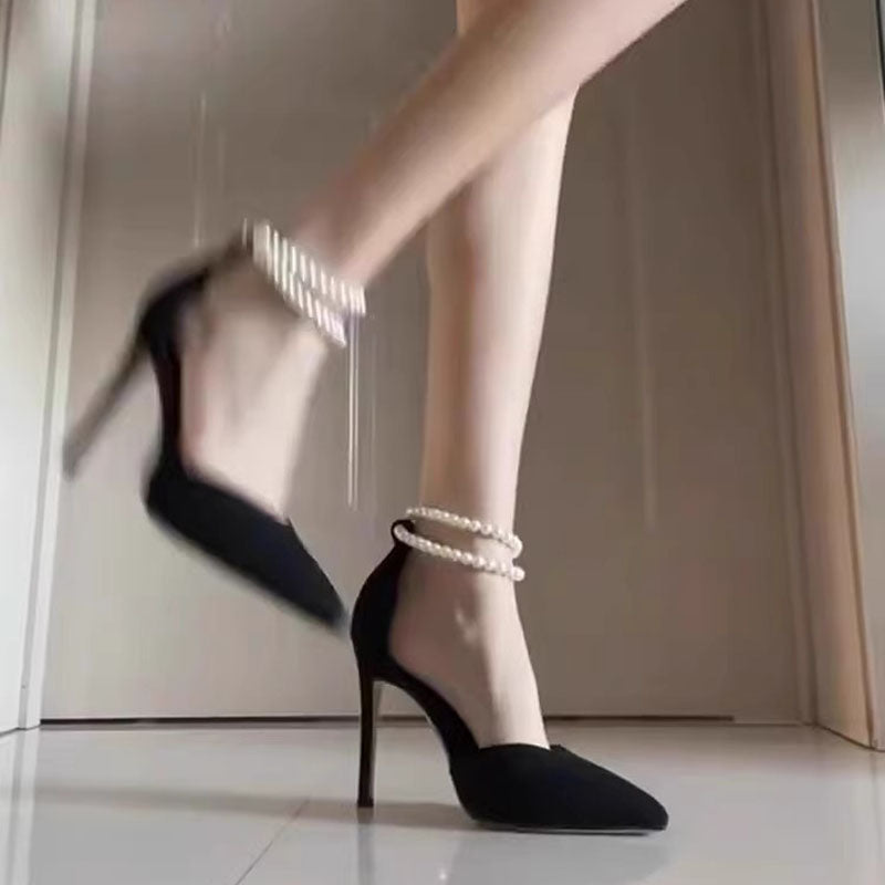 Pearl Baotou Heels – Sexy Pointed-Toe Ankle Strap Pumps for Women’s Elegant Spring & Summer Fashion