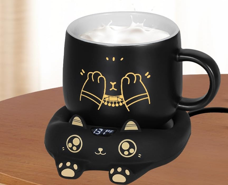 Cat Mug & Coffee Warmer Set – Auto Shut-Off Desktop Beverage Heater with Cute Mug Gift for Cat Lovers & Coffee Fans