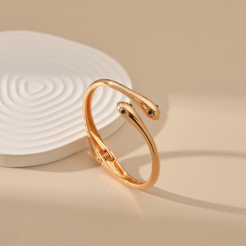 Gold-Plated Snake Bracelet with Green Zircon Eye – Fashionable Animal-Inspired Cuff Bangle for Women, Wedding Jewelry, or Bold Statement Styling