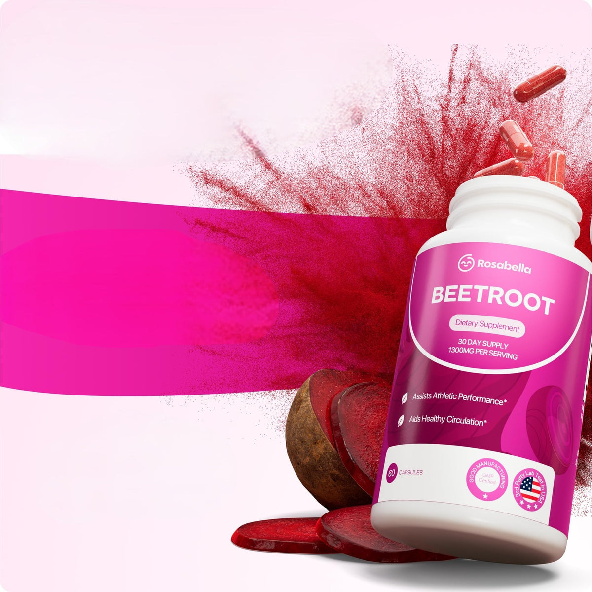 Rosabella Organic Beet Root Capsules - 1300mg Natural Energy Booster, Endurance Support, Non-GMO, Lab-Tested Supplement
