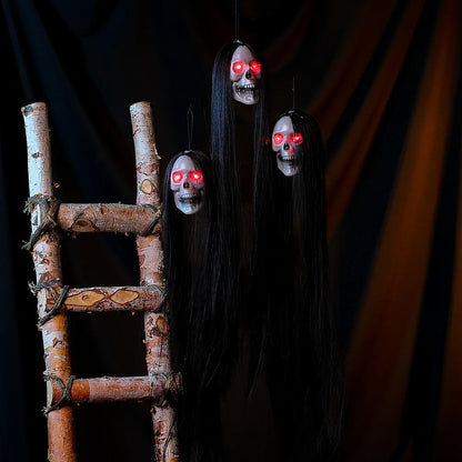Halloween Hanging Ghost Skeleton Props – 30pcs LED Light-Up Horror Figures with Long Hair for Haunted House, Bar, and Party Decor