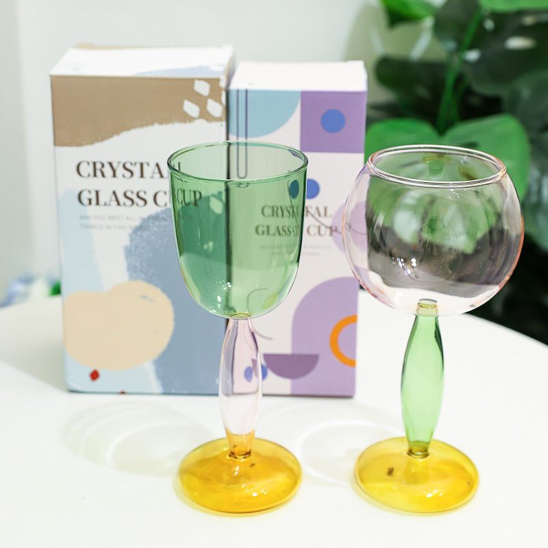 Color-Block Glass Cups – High Borosilicate Spherical Drinkware for Wine, Tea & Cold Beverages