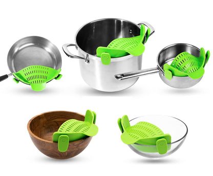 Silicone Kitchen Strainer Clip Set – Pan Drain Rack with Bowl Funnel for Rice, Pasta, Vegetable Washing, Excess Liquid Control