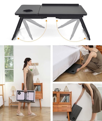Foldable Adjustable Laptop Desk with Cup Holder – Ergonomic Portable Workstation for Beds, Couches, or Travel Work, Comfort Guaranteed