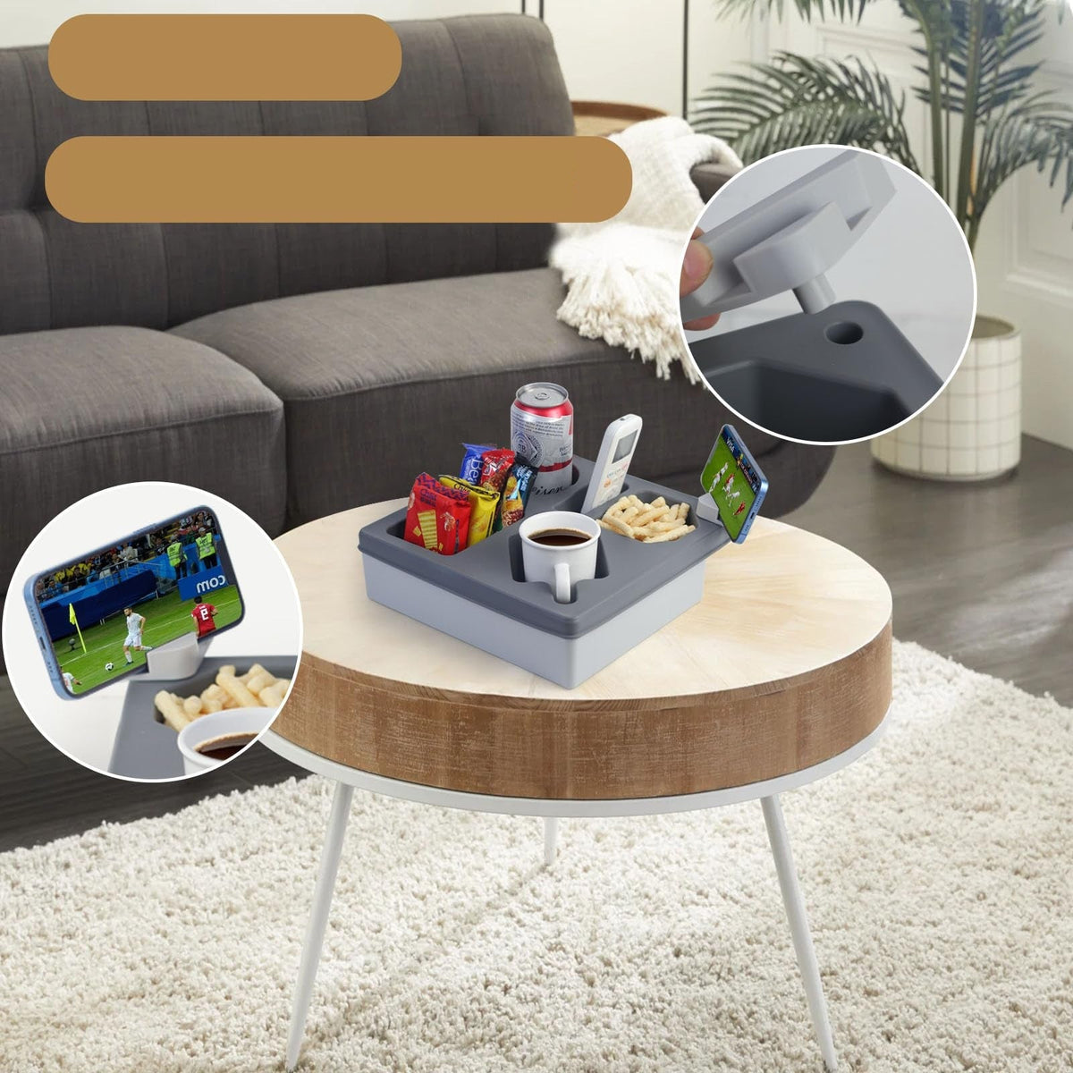 Grey Silicone Sofa Caddy Tray – Waterproof Armrest Organizer for Remotes, Snacks, Drinks & Phones in Any Living Space