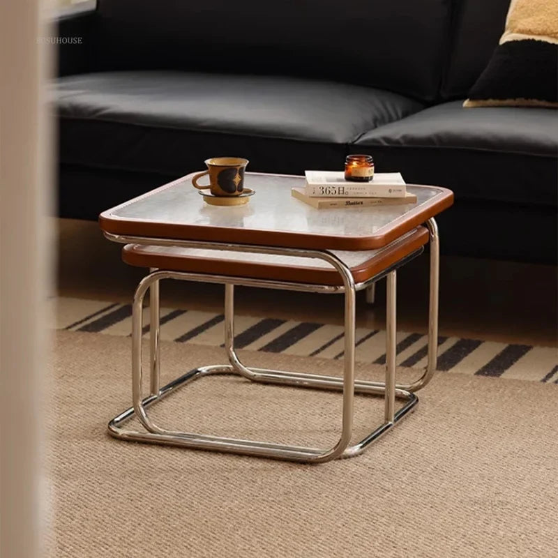 Square Stainless Steel Retro Rattan Coffee Table – Low Side Table with Glass Top for Modern Living Rooms