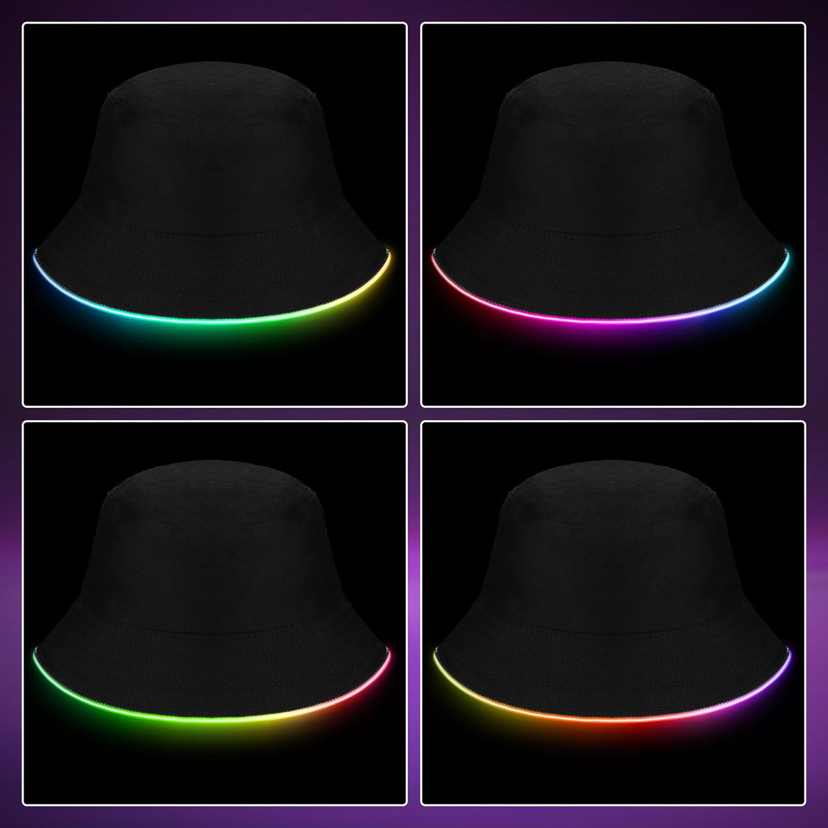 LED Light-Up Duo Bucket Hat Set – Unisex Black & Neon LED Caps for Night Events, Festivals, Concerts or Party Statement Wear
