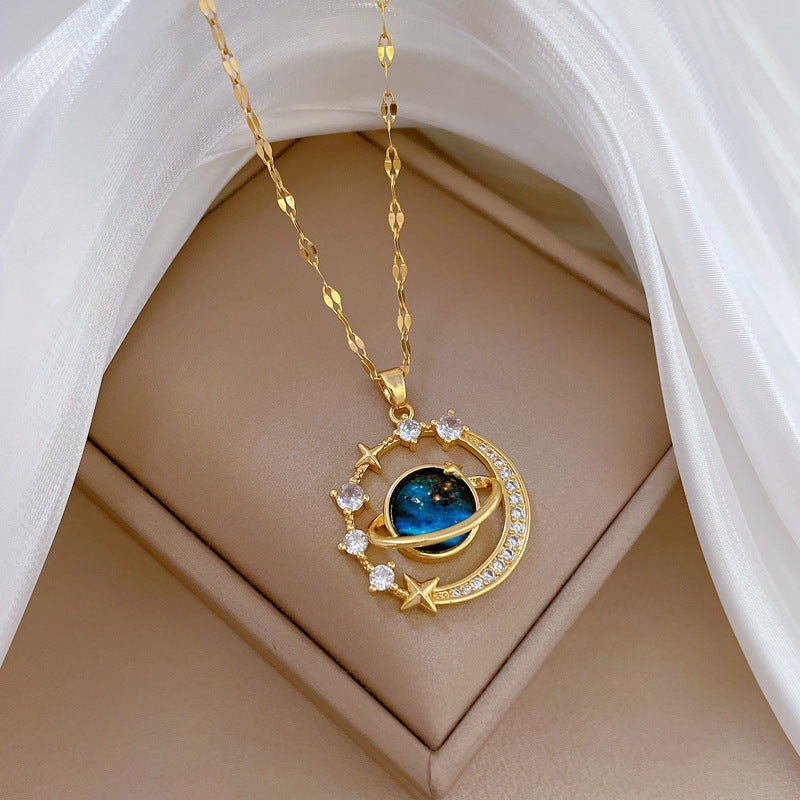 Exquisite Starry Sky Planet Light Necklace – Luxurious Stainless Steel Clavicle Chain with Gorgeous Moon and Shining Stars
