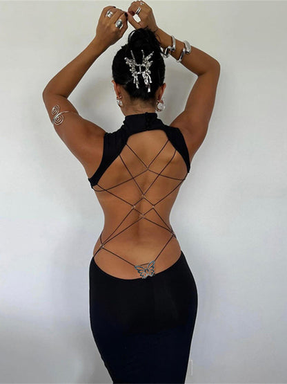 Weird Puss Y2K Butterfly Metal Dress – Backless Hollow Cross Bandage Bodycon for Summer Club & Vacation Wear