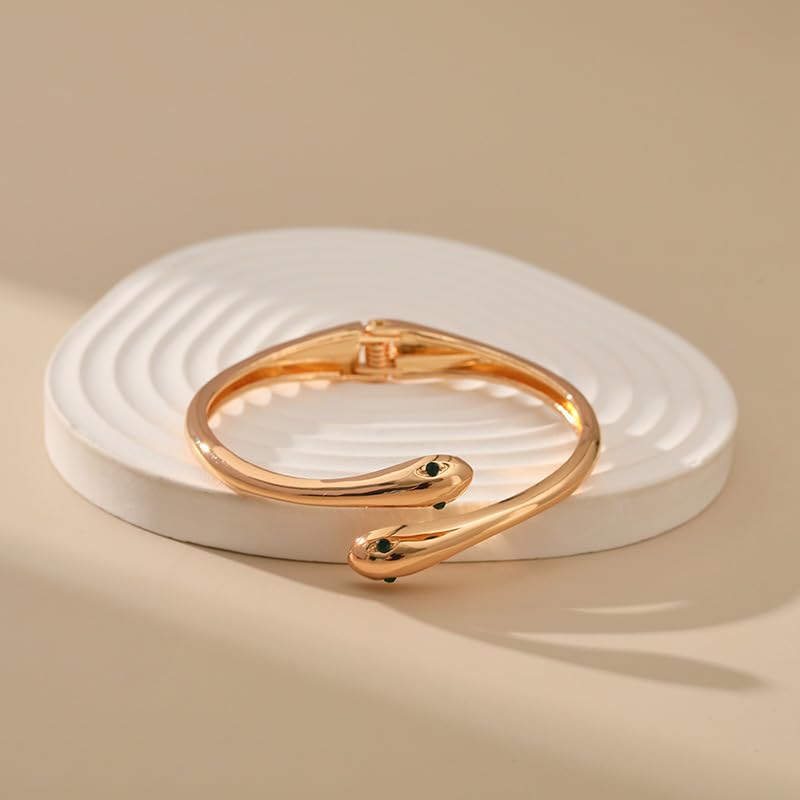 Gold-Plated Snake Bracelet with Green Zircon Eye – Fashionable Animal-Inspired Cuff Bangle for Women, Wedding Jewelry, or Bold Statement Styling