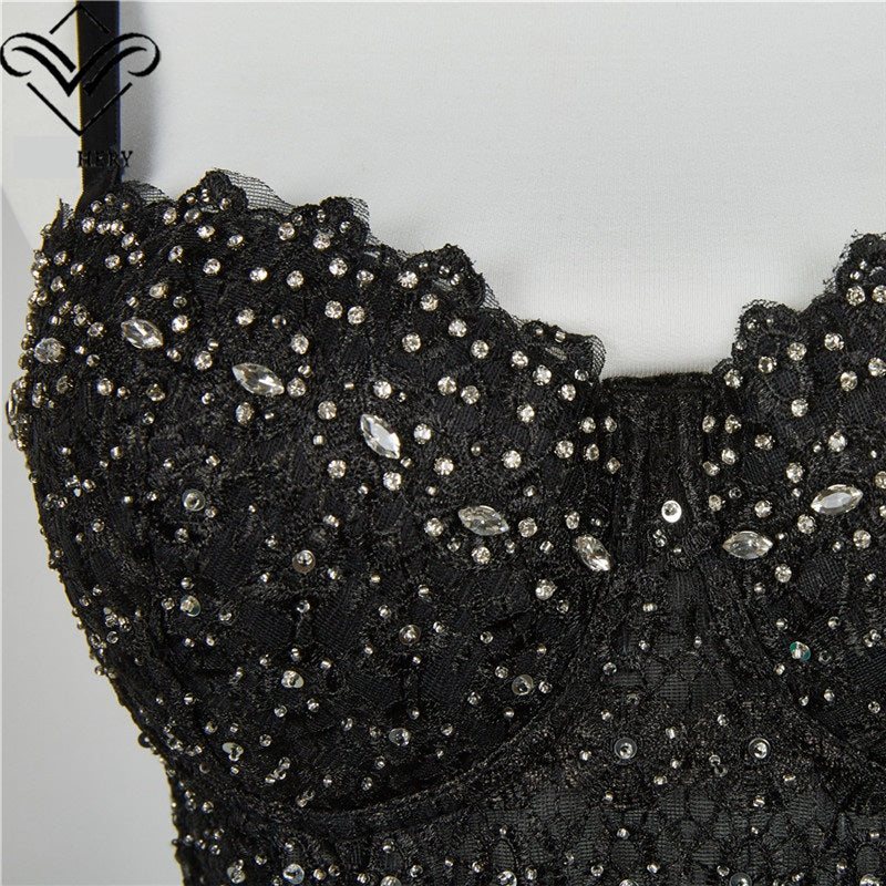 Beaded Lace Corset Crop Top – Sexy Bustier Bodice with Black Lace Detailing for Party, Clubwear, and Evening Fashion