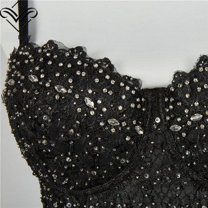 Beaded Lace Corset Crop Top – Sexy Bustier Bodice with Black Lace Detailing for Party, Clubwear, and Evening Fashion