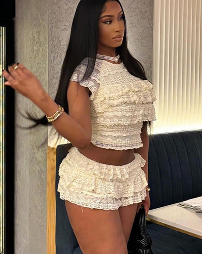 Weird Puss Ruffled Two-Piece Set for Women – Elegant Tiered Tank Top & Shorts Outfit for Summer Concerts & Parties