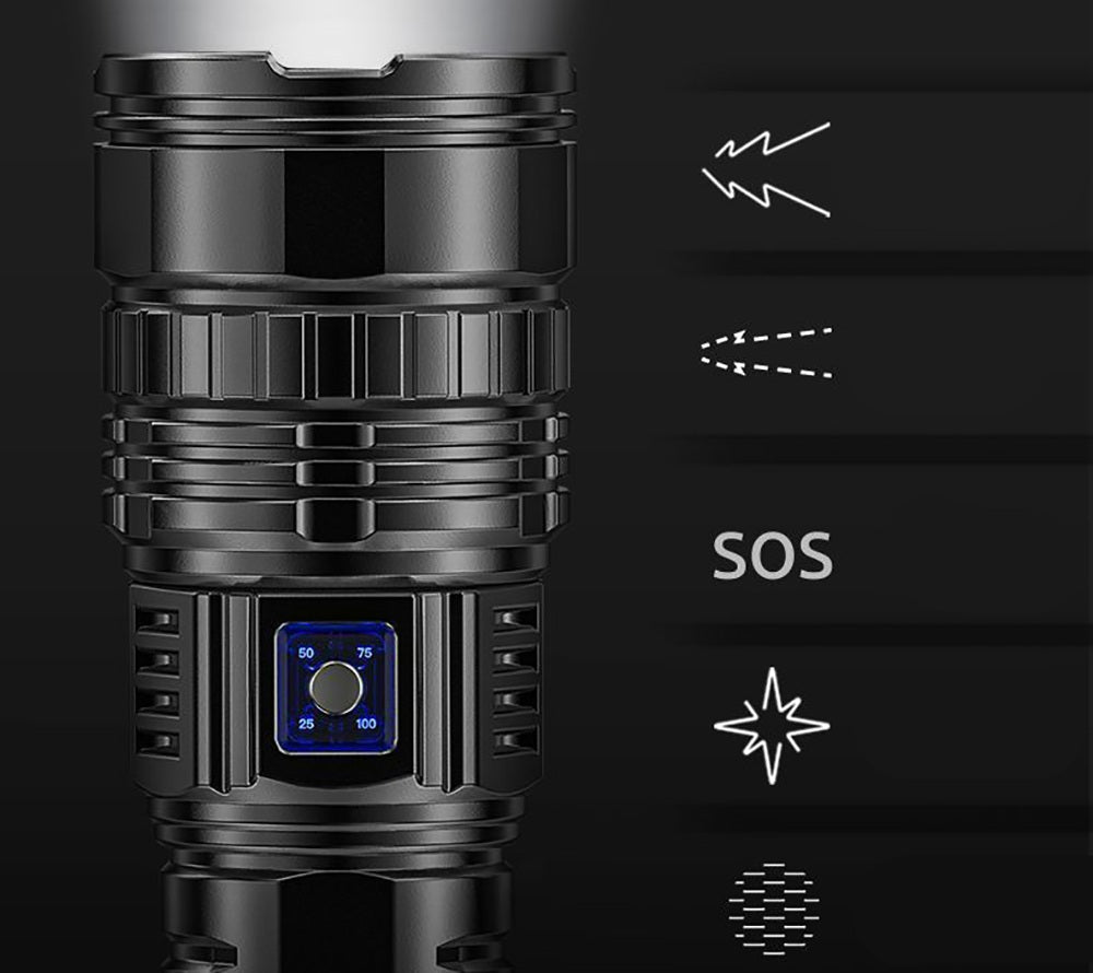 Tactical LED Flashlight – 1000W Built-in Battery Emergency Spotlight, 15000mAh Power with 9km Long-Range Beam