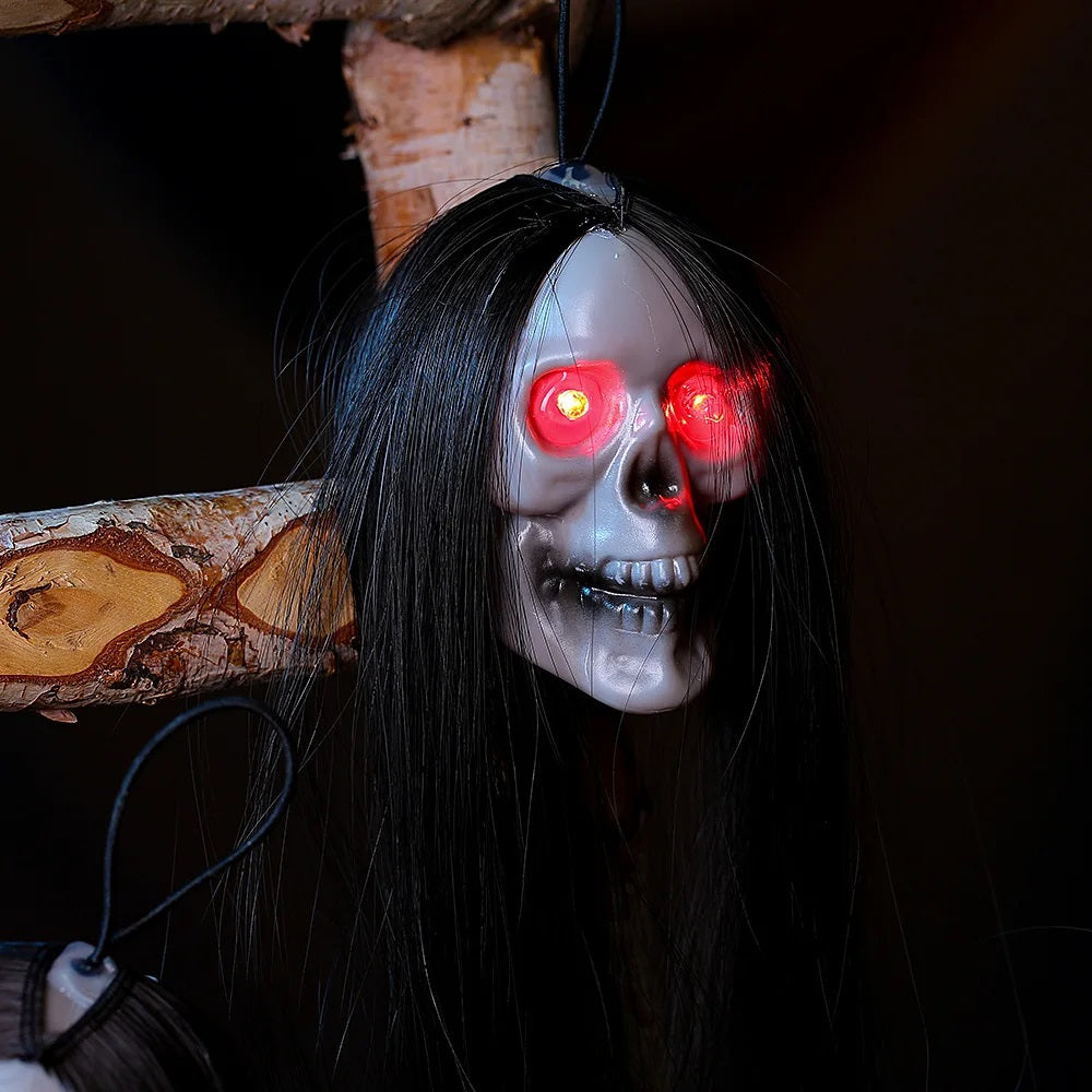 Halloween Hanging Ghost Skeleton Props – 30pcs LED Light-Up Horror Figures with Long Hair for Haunted House, Bar, and Party Decor