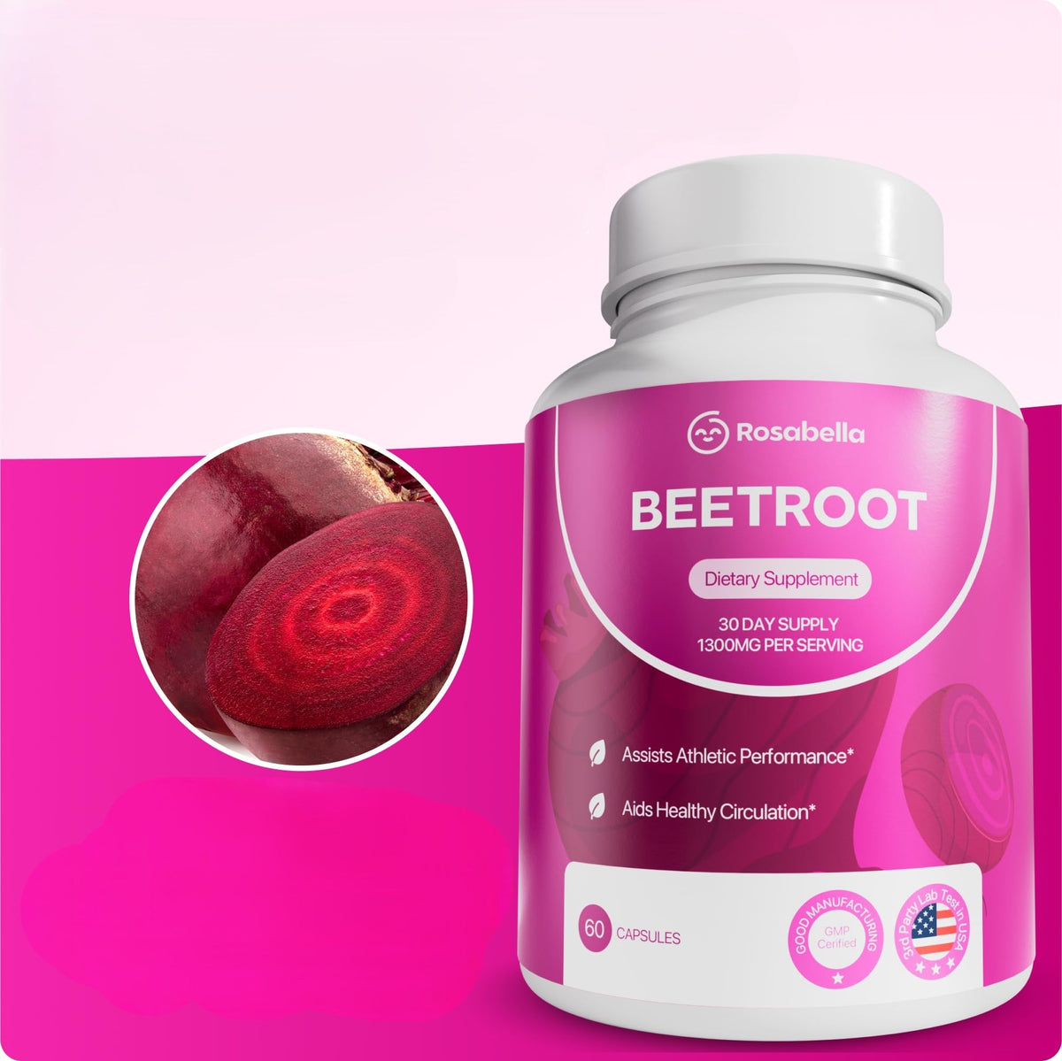 Rosabella Organic Beet Root Capsules - 1300mg Natural Energy Booster, Endurance Support, Non-GMO, Lab-Tested Supplement