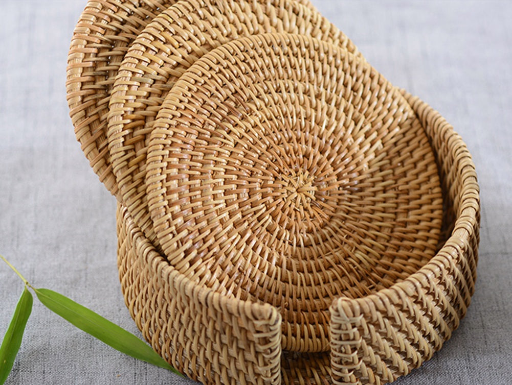 Cowijk Six Pieces Rattan Placemat Set – Woven Table Mats with Holder for Cups, Bowls & Kitchen Décor