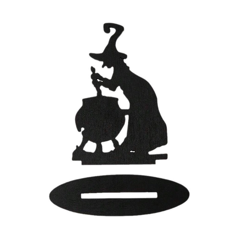 Halloween Witch and Black Cat Figurine – Wooden Apothecary Desk Ornament for Spooky Party Atmosphere, Home Decoration, and Craft Display