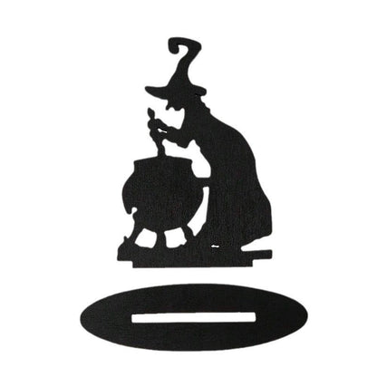 Halloween Witch and Black Cat Figurine – Wooden Apothecary Desk Ornament for Spooky Party Atmosphere, Home Decoration, and Craft Display