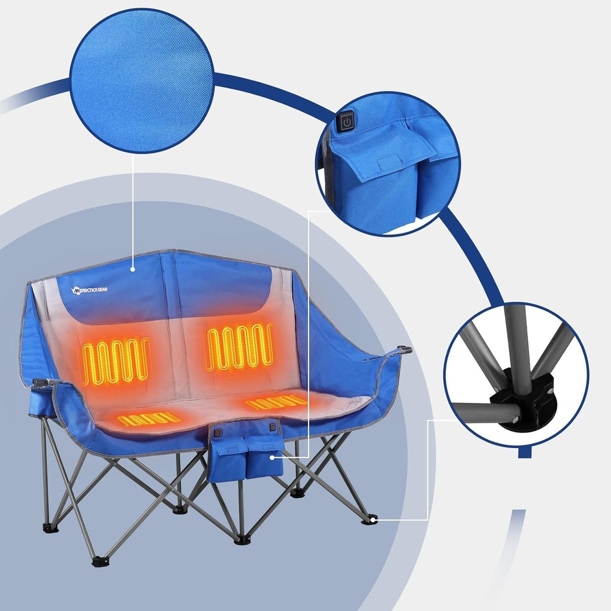 Heated Double Camping Chair – Portable Folding Loveseat with 12V 16000mAh Battery Pack, Cozy Outdoor 2-Person Seat for Festivals or Adventures