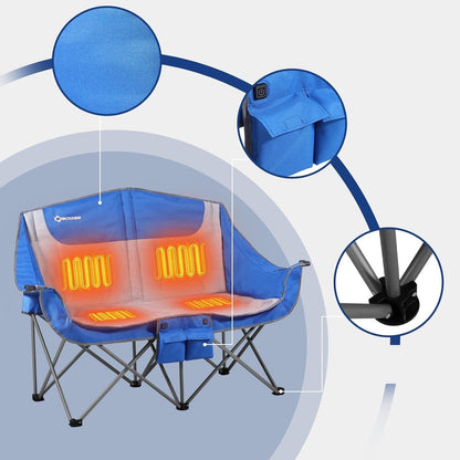Heated Double Camping Chair – Portable Folding Loveseat with 12V 16000mAh Battery Pack, Cozy Outdoor 2-Person Seat for Festivals or Adventures