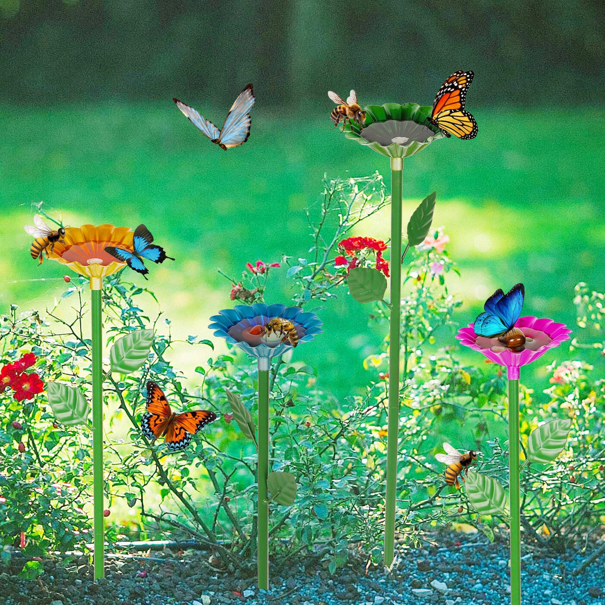 Bee and Butterfly Watering Station Set – 3-Piece Metal Garden Feeder Cups with Flower Shape and Butterfly Bath for Pollinator-Friendly Outdoor Decor