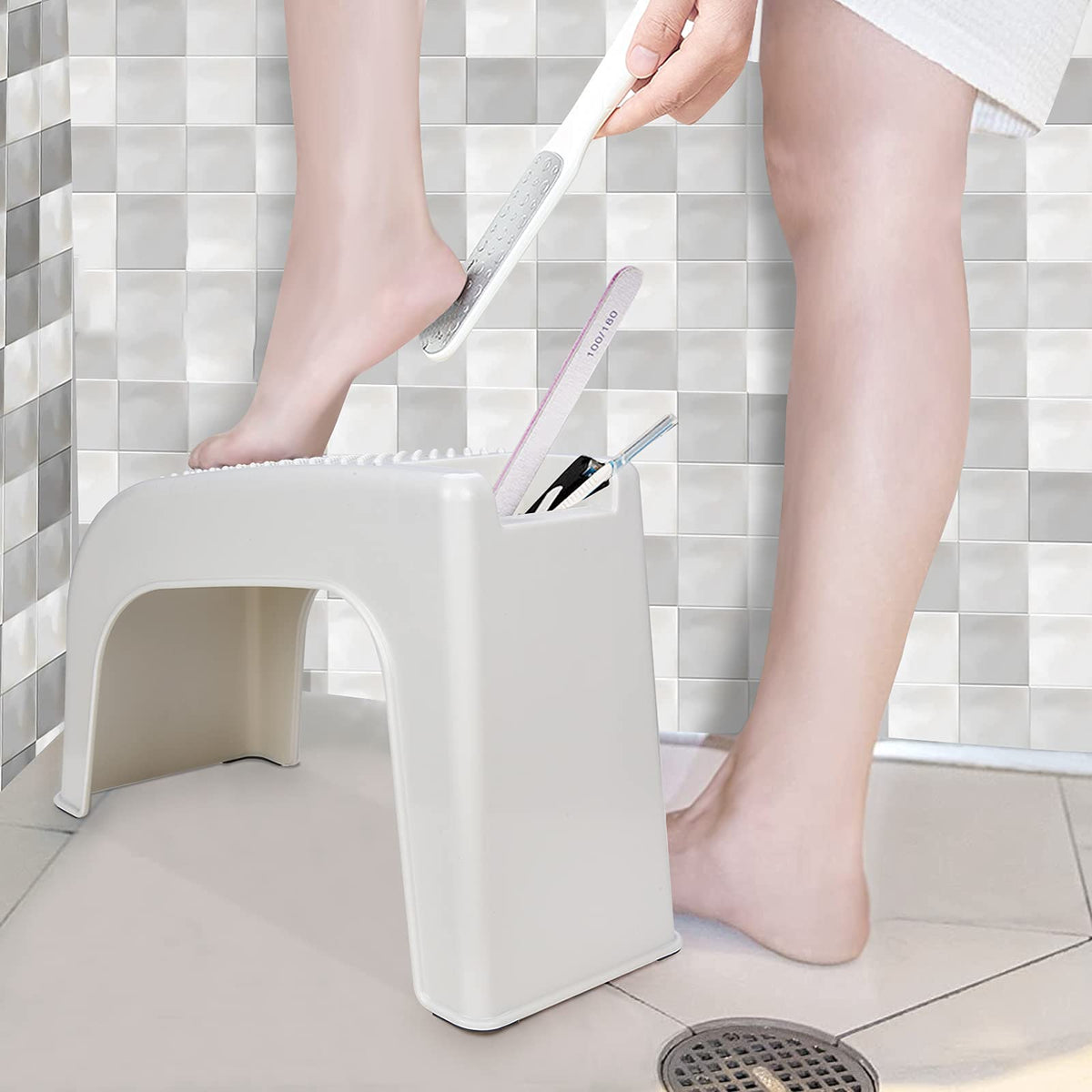 Multi-Functional Shower Foot Rest – Non-Slip Pedicure Stool with Built-In Storage, Durable Bathroom Helper for Grooming, Shaving & Spa