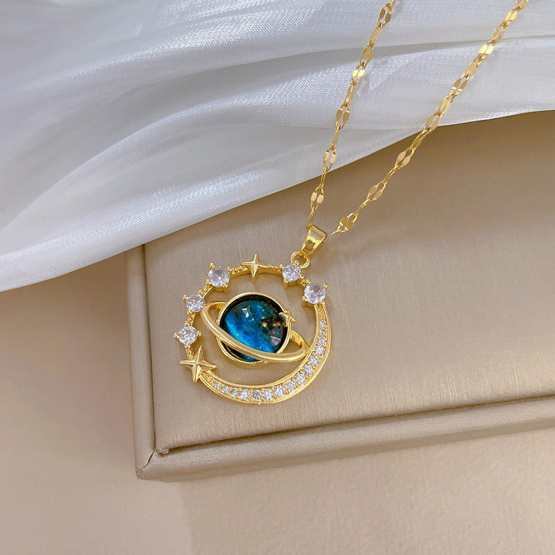 Exquisite Starry Sky Planet Light Necklace – Luxurious Stainless Steel Clavicle Chain with Gorgeous Moon and Shining Stars