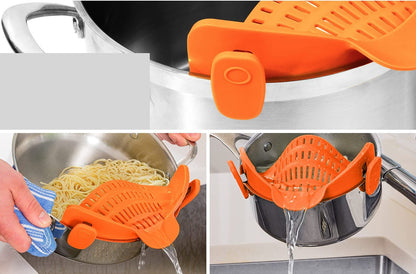 Silicone Kitchen Strainer Clip Set – Pan Drain Rack with Bowl Funnel for Rice, Pasta, Vegetable Washing, Excess Liquid Control