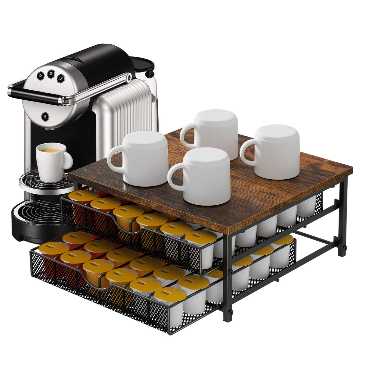 Double Storage Coffee Station Organizer – Black Wooden K-Cup Holder with Two-Tier Design, Ideal Countertop Organizer for Pods, Sugar, Creamers, and Coffee Accessories