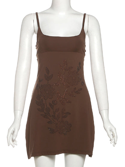 Nibber Backless Diamond Dress – Floral Low-Neck Bodycon Mini Sundress for Summer Parties