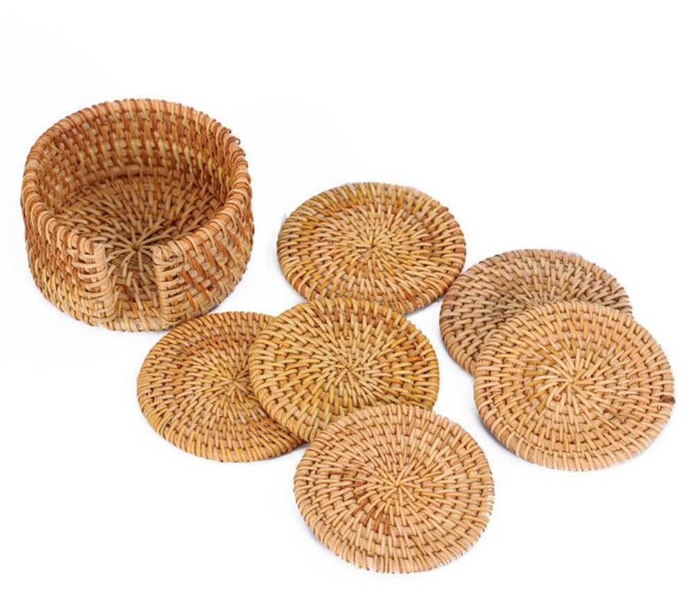 Cowijk Six Pieces Rattan Placemat Set – Woven Table Mats with Holder for Cups, Bowls & Kitchen Décor