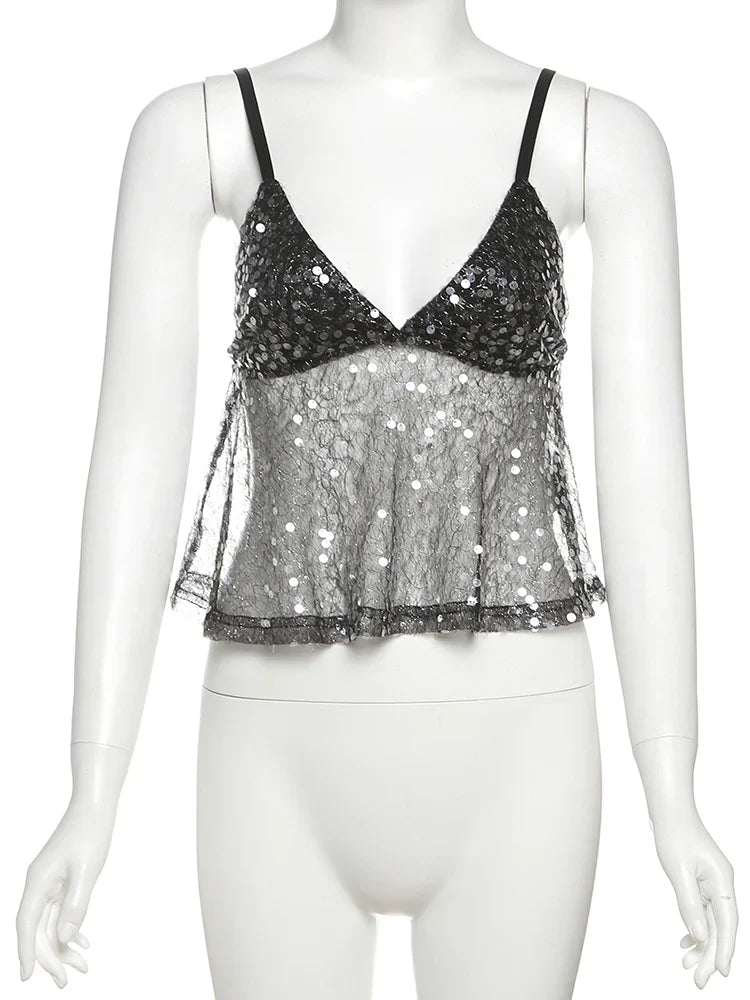 Nibber Sequin Mesh Camisole – Sexy V-Neck Backless Top for Summer Street Fashion