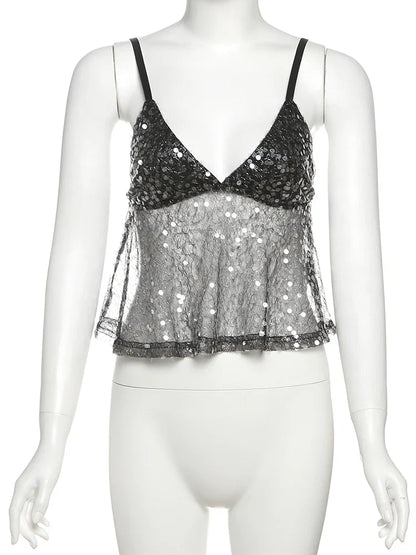 Nibber Sequin Mesh Camisole – Sexy V-Neck Backless Top for Summer Street Fashion