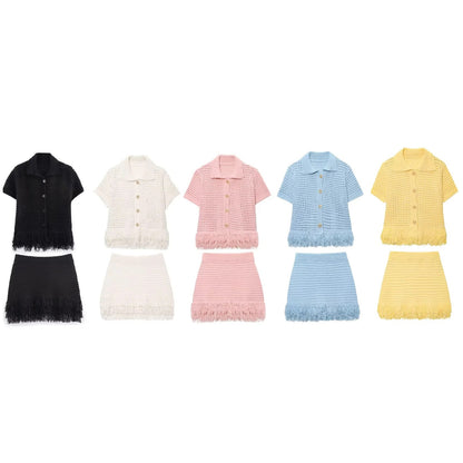 Knitted Tassel Two-Piece Set – Elegant Turndown Collar Top & Elastic Mini Skirt for Fall/Winter