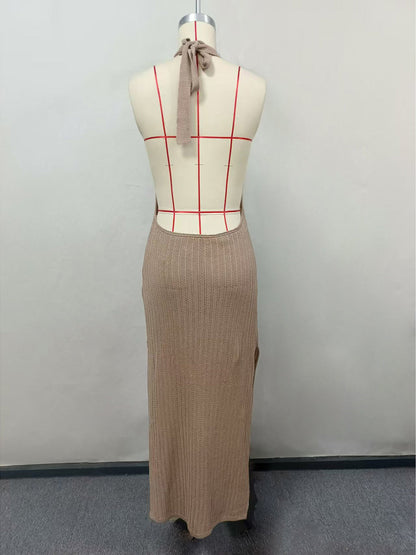 Halter Crochet Beach Cover-Up – Sexy Backless High-Split Knitted Tunic Dress for Vacations and Poolside Wear