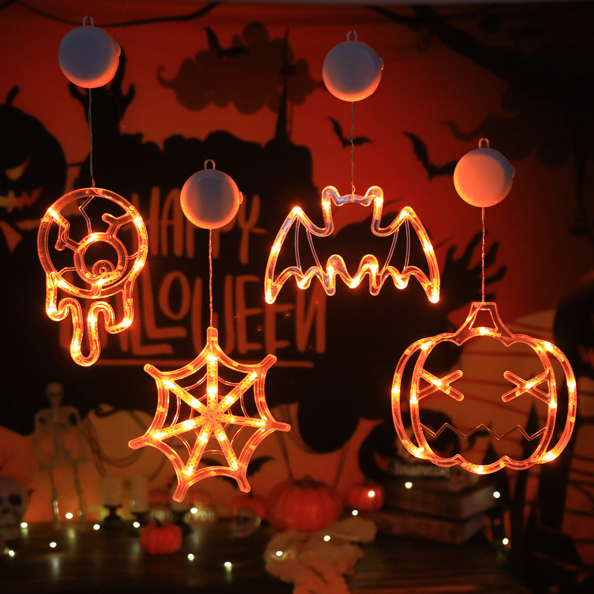 Halloween LED Hanging Lights – Battery-Powered Spooky Bat and Ghost Eye Ornaments for Festive Room, Living Room, and Party Decorations