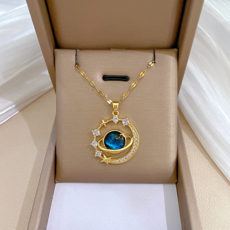 Exquisite Starry Sky Planet Light Necklace – Luxurious Stainless Steel Clavicle Chain with Gorgeous Moon and Shining Stars