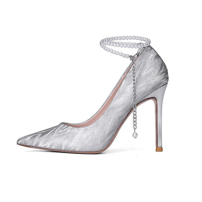 Pearl Baotou Heels – Sexy Pointed-Toe Ankle Strap Pumps for Women’s Elegant Spring & Summer Fashion