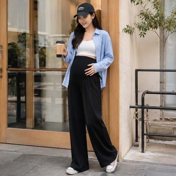 Maternity Wide Leg Trousers – Comfortable Drawstring Pregnancy Pants for Casual Spring and Summer Everyday Wear